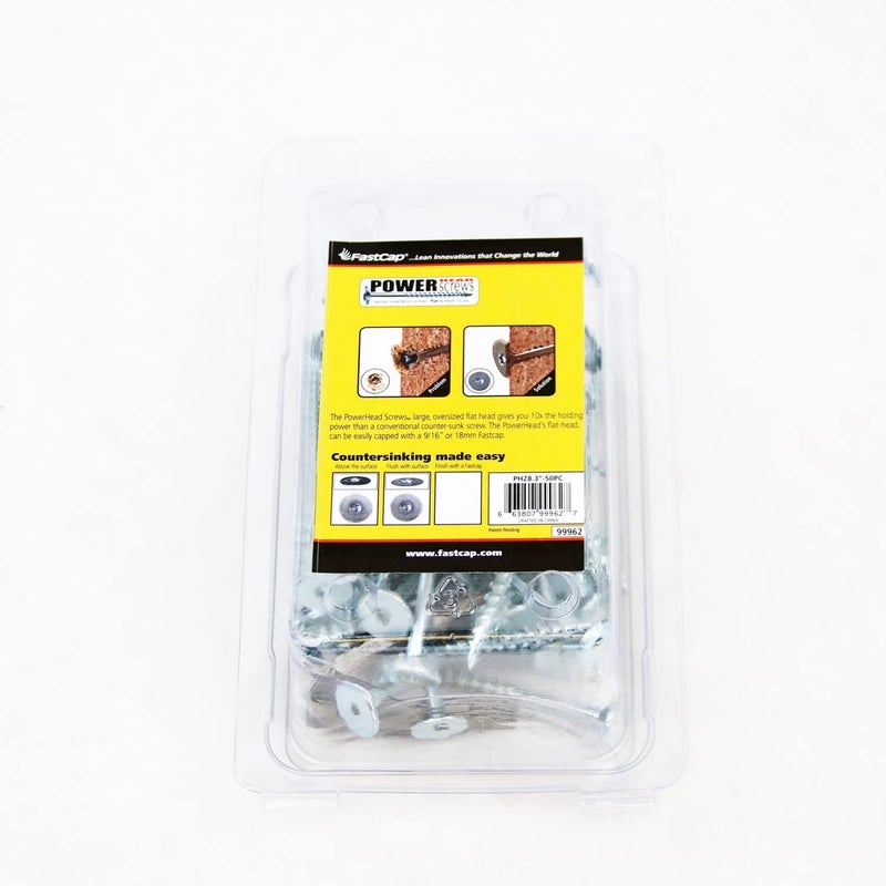 FastCap PowerHead Wood Screws with Flat Head - Self-Tapping Point - 3" Length, #2 Square Drive, Zinc Finish, 50-Pack - 99962 - Image 1
